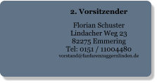 2. Vorsitzender  Florian Schuster Lindacher Weg 23 82275 Emmering Tel: 0151 / 11004480 vorstand@fanfarenzuggernlinden.de